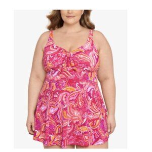 Swim Solutions Plus Size Paisley Patch Print Tummy Control Swimdress NWT